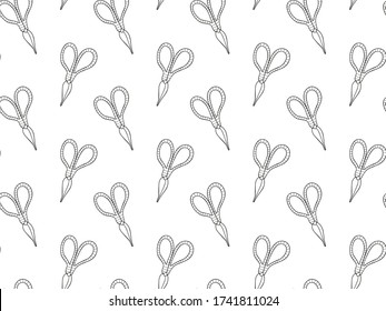 Seamless pattern from hand-drawn scissors black outline decorated with stripes on a white background for household, cutting, gardening, needlework, creativity. Textile, graphic and web design. Vector.