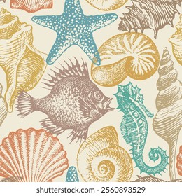 Seamless pattern with hand-drawn sea animals, fish, seahorse and seashells of various shapes. Repeating vector colors illustration in retro style. Suitable for wallpaper, wrapping paper, textiles