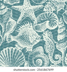 Seamless pattern with hand-drawn sea animals, fish, seahorse and seashells of various shapes on wave background. Repeating vector colors illustration in retro style. Suitable for wallpaper, textiles