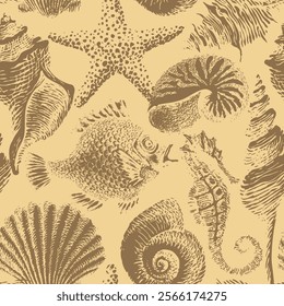 Seamless pattern with hand-drawn sea animals, fish, seahorse and seashells of various shapes. Repeating vector colors illustration in retro style. Suitable for wallpaper, wrapping paper, textiles