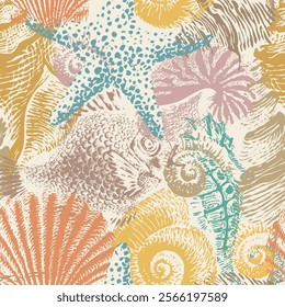 Seamless pattern with hand-drawn sea animals, fish, seahorse and seashells of various shapes. Repeating vector colors illustration in retro style. Suitable for wallpaper, wrapping paper, textiles