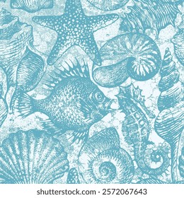 Seamless pattern with hand-drawn sea animals, fish, seahorse and seashells of various shapes on wave background. Repeating vector colors illustration in retro style. Suitable for wallpaper, textiles