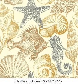 Seamless pattern with hand-drawn sea animals, fish, seahorse and seashells of various shapes. Repeating vector colors illustration in retro style. Suitable for wallpaper, wrapping paper, textiles