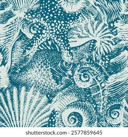 Seamless pattern with hand-drawn sea animals, fish, seahorse and seashells of various shapes on wave background. Repeating vector colors illustration in retro style. Suitable for wallpaper, textiles