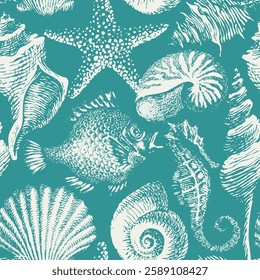 Seamless pattern with hand-drawn sea animals, fish, seahorse and seashells of various shapes on wave background. Repeating vector colors illustration in retro style. Suitable for wallpaper, textiles