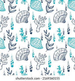 Seamless pattern, hand-drawn sea creatures in sketch style. Shells, coral and seaweed. Monochrome palette. Reef. White background. Isolated. Summer. Ocean. Flat design. Vector illustration.