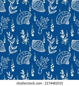 Seamless pattern, hand-drawn sea creatures in sketch style. Shells, coral and seaweed. Monochrome palette. Reef. White background. Isolated. Summer. Ocean. Flat design. Vector illustration.