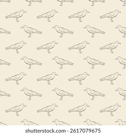 Seamless pattern with hand-drawn seagulls. Monochrome ink. Ideal for packaging, wrapping paper, fabric, stationery, and textile design. Vector illustration