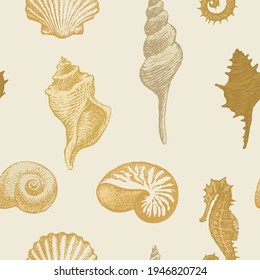 Seamless pattern with hand-drawn seahorse and beautiful seashells of various shapes. Repeating vector illustration in beige colors in retro style. Suitable for wallpaper, wrapping paper, textiles