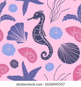 Seamless pattern with hand-drawn seahorse, seashells and starfish in decorative marine style on soft pink background for packaging, textiles, wrapping, girly summer projects, etc.