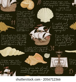 Seamless pattern with hand-drawn seashells, antique ships and handwritten text Lorem ipsum on black backdrop. Vintage vector background in cartoon style. Suitable for wallpaper, wrapping paper, fabric