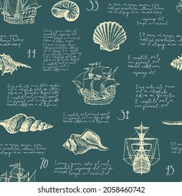 Seamless pattern with hand-drawn seashells, antique ships and handwritten text Lorem ipsum. Repeating vector background in vintage style. Suitable for wallpaper, wrapping paper, fabric