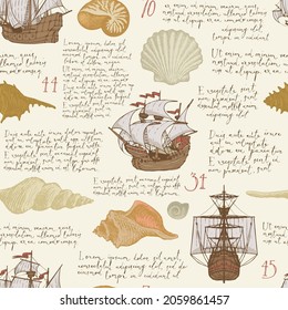 Seamless pattern with hand-drawn seashells, antique ships and handwritten text Lorem ipsum on an old paper. Vintage vector background in beige colors. Suitable for wallpaper, wrapping paper, fabric