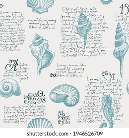 Seamless pattern with hand-drawn seashells and handwritten text Lorem ipsum in retro style. Repeating vector illustration. Pencil drawings of shells and seahorse on an old paper background