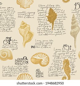 Seamless pattern with hand-drawn seashells and handwritten text Lorem ipsum. Vector illustration in beige colors in retro style. Pencil drawings of shells and seahorse on an old paper background