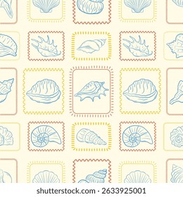 Padrão contínuo com conchas desenhadas à mão e quadros lineares. Ideal para embalagem, papel de embrulho, tecido, artigos de papelaria e design têxtil. Ilustração vetorial.