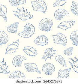 Padrão contínuo com conchas desenhadas à mão. Tinta monocromática. Ideal para embalagem, papel de embrulho, tecido, artigos de papelaria e design têxtil. Ilustração vetorial