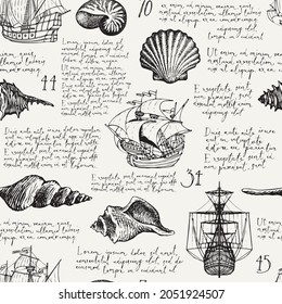 Seamless pattern with hand-drawn seashells, old ships and handwritten text Lorem ipsum. Black and white vector background in vintage style. Pencil drawings of shells and sailing yachts on an old paper