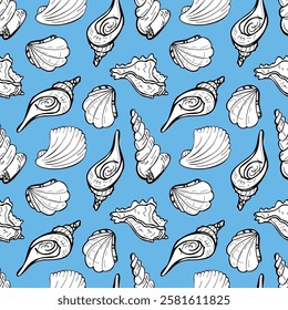 Seamless pattern of hand-drawn seashells on blue background. The design features various seashell shapes with bold outlines and detailed line work, creating a clean and simple look.