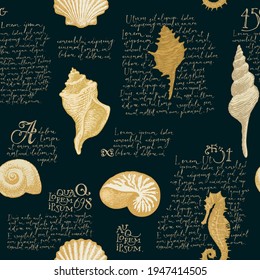 Seamless pattern with hand-drawn seashells, seahorse and handwritten Lorem ipsum text. Vector illustration on a black background in retro style. Suitable for wallpaper, wrapping paper, fabric