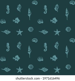 Seamless pattern with hand-drawn seashells, starfish and seahorses on a dark blue backdrop. Beautiful vector background on a sea theme with drawings of shells of various shapes in retro style