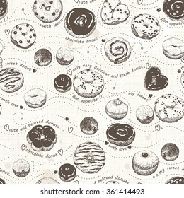 Seamless pattern of hand-drawn set glazed donuts on old texture paper, vector illustration.