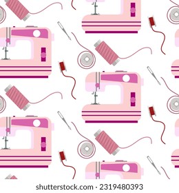 Seamless pattern, hand-drawn with sewing tools. A spool of thread, a bobbin, colored threads and a sewing machine, all on a white background. Printing on paper and textiles