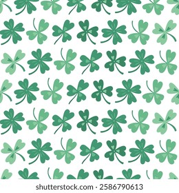 Seamless pattern with hand-drawn shamrocks in various shades of green. Perfect for St. Patrick’s Day fabric, wrapping paper, wallpaper, and festive decorations