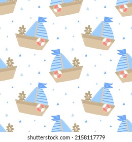 Seamless pattern of hand-drawn ship with lifebuoy and sail. Vector image on the marine theme for a boy sailor. Illustration for holiday, baby shower, birthday, textile, wrapper, card, print, banner
