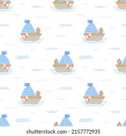 Seamless pattern of hand-drawn ship with sea waves. Vector image on the marine theme for a boy sailor. Illustration for holiday, baby shower, birthday, textile, wrapper, greeting card, print, banner