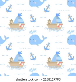 Seamless pattern of hand-drawn ship, whale and anchor. Vector image on the marine theme for a boy. Illustration for holiday, baby shower, birthday, textile, wrapper, greeting card, print, banner