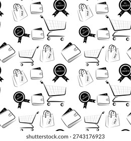 seamless pattern of hand-drawn shopping and commerce icons.  Minimalist business icons pattern, for website backgrounds, promotional flyers, marketing icons, shopping cart, wallet,bigdiscount,shopping bag ,money icons pattern, best suits for backgrounds, marketing, business and more