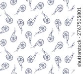 Seamless pattern with hand-drawn shrimp on a white background. Fresh seafood illustrations for restaurant menus or fabric textures for print.