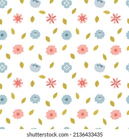 Seamless pattern with hand-drawn simple, spring, pink and blue flowers and leaves. A simple background for wrapping paper, home and children's textiles. Vector illustration on a white background