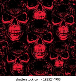 Seamless pattern with hand-drawn sinister human skulls. Vector background with scary skulls in black and red colors. Suitable for wallpaper, wrapping paper, fabric, design element for halloween party