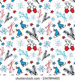 Seamless pattern with hand-drawn skates, mittens, Christmas tree twigs, and snowflakes. Winter background in blue and red colors. Doodle stile, line art stock vector illustration on white background.