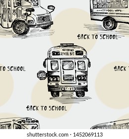 Seamless pattern with hand-drawn sketch bus, isolated background Back to school theme, education concept Black and white vintage vector illustration. Graphic art element for textile design, wallpaper