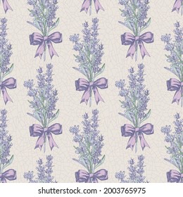 Seamless pattern with hand-drawn sketch of cute Lavender flower bouquets. France Provence retro style for romantic design concept, rustic digital paper. Natural lavander Vintage vector illustration