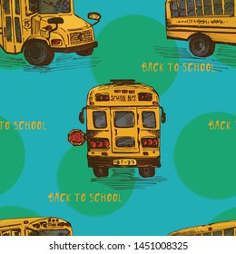 Seamless pattern with hand-drawn sketch yellow bus, isolated background Back to school theme, education concept color vintage vector illustration. Graphic art element for textile design, wallpaper