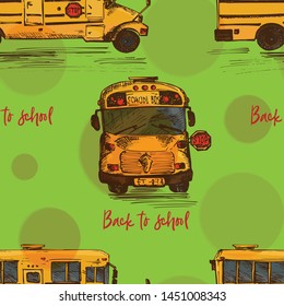 Seamless pattern with hand-drawn sketch yellow bus, isolated background Back to school theme, education concept color vintage vector illustration. Graphic art element for textile design, wallpaper