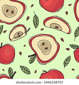 Seamless pattern with handdrawn sketches with apples and leaves. Vector illustrations with whole and cut fruits. Collection of isolated objects. Vector illustration