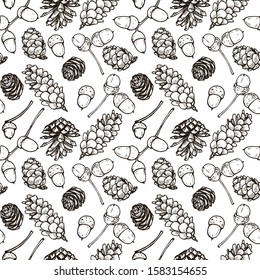 Seamless pattern with hand-drawn sketches of cones and acorns.
