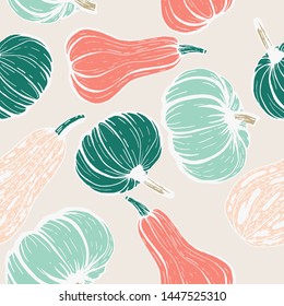 Seamless pattern hand-drawn sketches of pumpkins of different shapes of pastel colors.