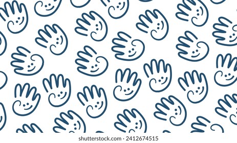Seamless pattern of hand-drawn smiley faces. Playfully hands waving hello. Hands and happy faces texture for greeting card, children's book and wallpaper. Fun, positive, and uplifting pattern - Vector