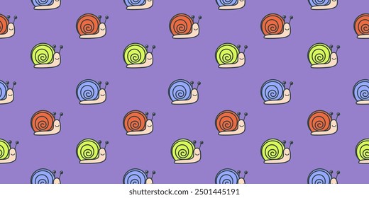 Seamless pattern with hand-drawn smiling snail character. Cartoon vector illustration in y2k style for textile, wrapping paper, fabric, wallpaper, cover, print design, background