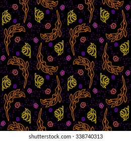 Seamless pattern with hand-drawn snail, leaf, dots and flowers.