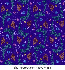 Seamless pattern with hand-drawn snail, leaf, dots and flowers.