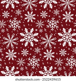 A seamless pattern of hand-drawn snowflakes on a vibrant red background. The snowflakes are intricate and detailed, perfect for a winter-themed design texture. Vector illustration.