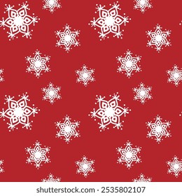 A seamless pattern of hand-drawn snowflakes on a vibrant red background. The snowflakes are intricate and detailed, perfect for a winter-themed design texture. Vector illustration.