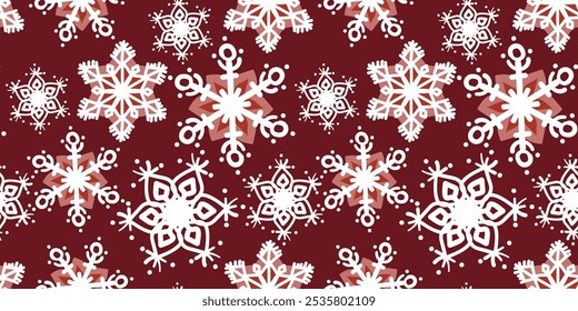 Um padrão sem costura de flocos de neve desenhados à mão em um fundo vermelho vibrante. Os flocos de neve são intrincados e detalhados, perfeitos para uma textura de design com tema de inverno. Ilustração vetorial.